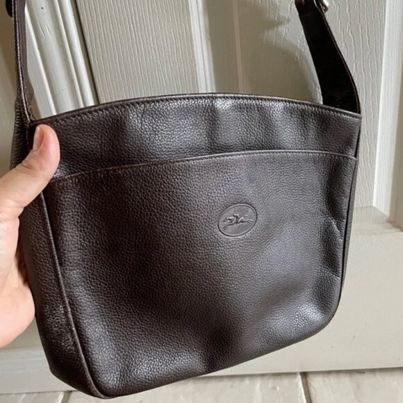 Longchamp Dark Brown Pebbled Leather Handbag with Gold Accents - Picture 4 of 8